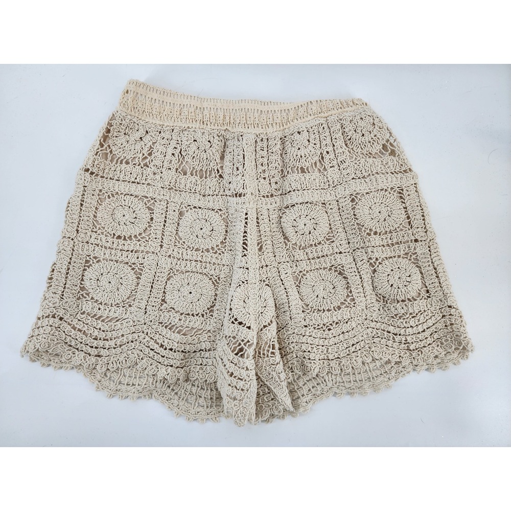 Rebellion Again Womens XS Crochet Granny Square Shorts Beige Boho Festival Lined